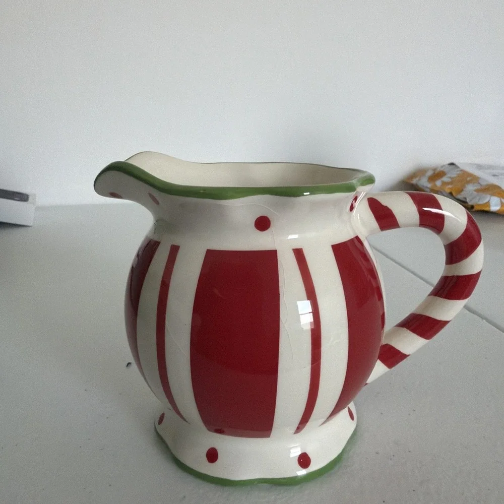 Ceramic Pitcher Cream Colored w/Red Hearts and Red & Green Stripes-Medium Size